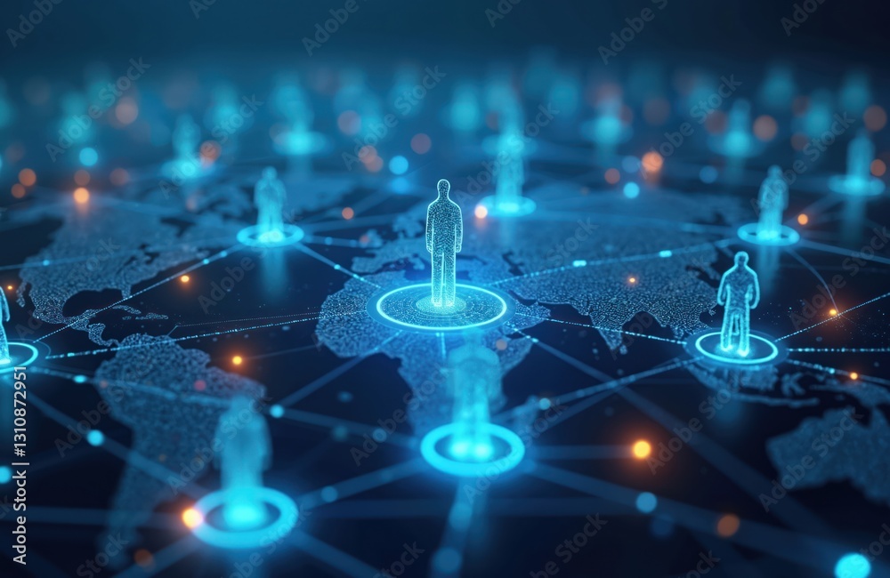Poster worldwide web concept with hr management. global social network. 3d digital world map with glowing m