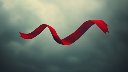 A delicate red ribbon twisting softly in mid-air, set against a dim cloud-gray sky, soft ethereal glow, representing mourning and emotional resilience
