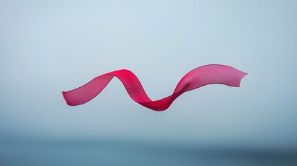 A delicate red ribbon twisting softly in mid-air, set against a dim cloud-gray sky, soft ethereal glow, representing mourning and emotional resilience
