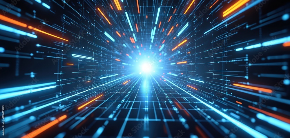 Poster abstract futuristic background with blue, orange glowing light rays and a grid. perfect for tech, di