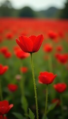 Fototapeta premium Single red flower, slightly larger than surrounding blooms, in expansive red flower field , large, flower