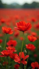 Obraz premium Single red flower, slightly larger than surrounding blooms, in expansive red flower field , red, bloom, beautiful