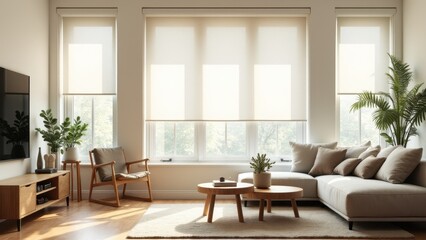 Fototapeta premium Modern living room with large windows featuring beige blinds, a cozy sectional sofa, and indoor plants.
