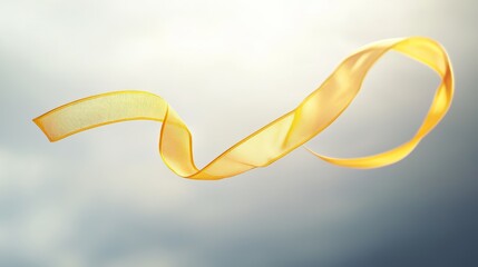 A delicate yellow ribbon floating gracefully in mid-air, soft gray cloudy sky in the background, ethereal lighting, symbolizing grief and hope, minimalistic