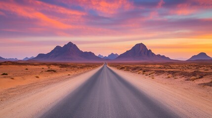 A scenic road stretches toward majestic mountains under a vibrant sunset sky, blending earthy tones with dynamic clouds.