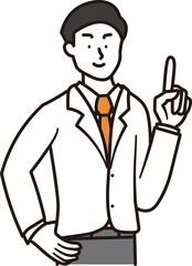 笑顔で指差ししているネクタイをしたビジネマンのシンプルな上半身のイラスト素材