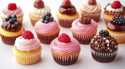 Assorted delicious cupcakes with various toppings. Perfect for blogs, websites, or advertising related to bakeries, cafes, or desserts.