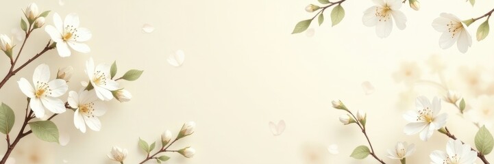 Obraz premium Subtle white blossoms and graceful leaves on cream backdrop Seamless repeat , nature, print, aesthetic