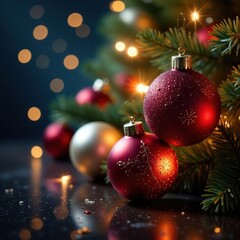 Sparkling ornaments & glittering lights adorn festive scene, decor, joy, celebration