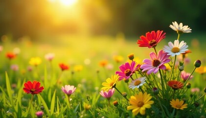 Obraz premium Sun-drenched meadow, vibrant wildflowers in bouquet, botany, flora