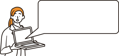 ノートパソコンを持つ上半身の女性会社員と吹き出しのシンプルなイラスト素材