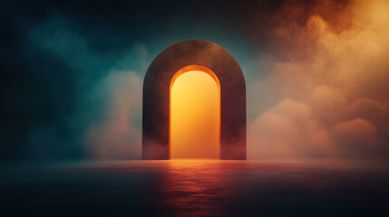 Fototapeta premium surreal digital artwork featuring large archway illuminated by warm light, surrounded by colorful mist and fog, creating mystical atmosphere