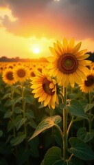 Obraz premium Sunset bathes swaying sunflowers in golden light, vast field , summer, agriculture, botanical