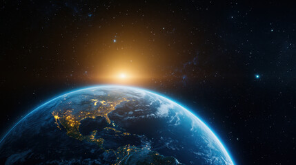 stunning view of Earth from space, showcasing planet vibrant colors and sun rising on horizon, evoking sense of wonder and beauty