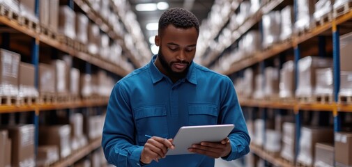 A focused worker in a warehouse checks inventory on a tablet amidst rows of stacked boxes.