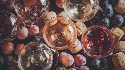 A detailed close-up of wine glasses filled with red, white, and rose wine, surrounded by corks and grapes, soft ambient lighting, warm vintage mood