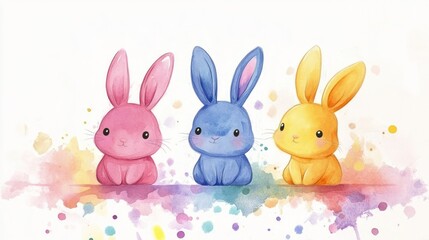 Obraz premium Three Colorful Watercolor Bunnies Standing Against a White Background