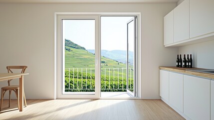 Modern Kitchen With Vineyard View Through Open Balcony Door