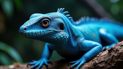 Fototapeta premium A vibrant blue tree monitor lizard with striking orange eyes rests on a branch, showcasing its detailed scales and unique coloration.