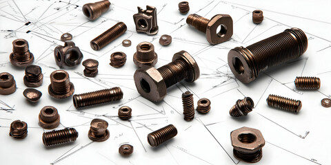 Detailed Realistic Photo Of Scattered Bronze Metal Fasteners And