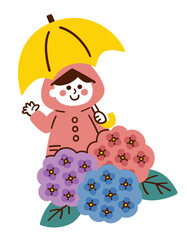 レインコートを着て傘をさす女の子と紫陽花／梅雨／ベクター手書きイラスト