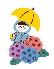 レインコートを着て傘をさす男の子と紫陽花／梅雨／ベクター手書きイラスト