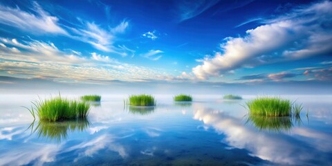 Serene Aquatic Vista Clusters of vibrant green reeds emerge from a tranquil, mist-shrouded lake, mirroring a breathtaking sunrise sky filled with fluffy clouds.