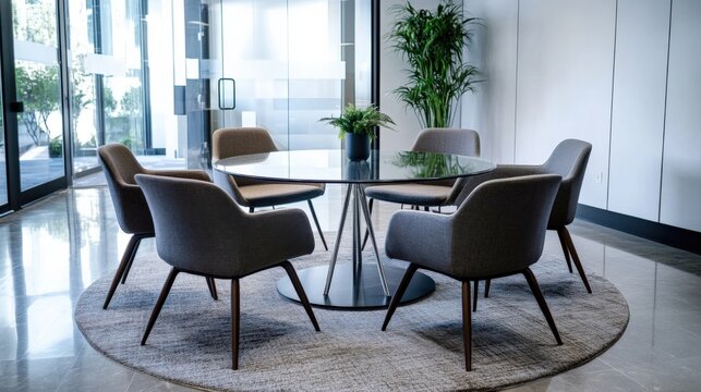 Glass round table surrounded by six comfortable chairs in a modern meeting room with natural light coming through large windows and a decorative plant adding a touch of nature to workspace