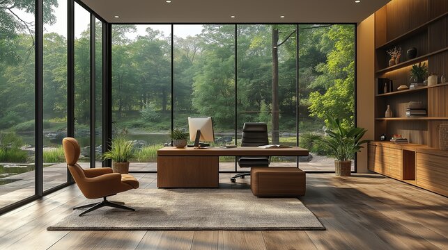 Modern home office with large windows offering bright natural light and lush green outdoor views. Interior decor virtual background concept.