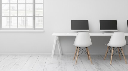 Modern Minimalist Office Workspace with Computers and Chairs