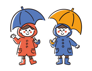 レインコートを着て傘をさした子どもたち／梅雨／ベクター手書き線画イラスト