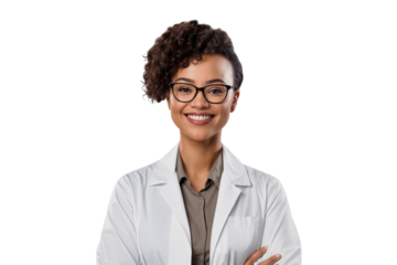 Portrait of a female scientist in white coat wearing glasses, smiling on face, isolated on transparent background