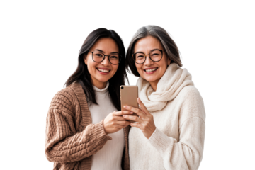 
Portrait of a smiling mother and daughter holding smartphone, isolated on white background