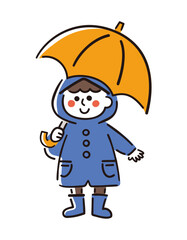 レインコートを着て傘をさす男の子／梅雨／ベクター手書き線画イラスト