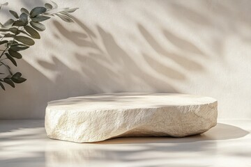 Irregular stone platform, neutral beige tones, sunlit background. Perfect for showcasing products, creating minimalist aesthetic mockups.