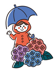 レインコートを着て傘をさす女の子と紫陽花／梅雨／ベクター手書き線画イラスト