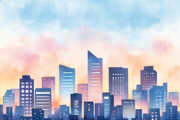 A colorful watercolor city skyline at dusk with various tall buildings silhouetted against a pastel sky.