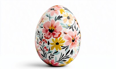 An isolated Easter egg featuring elegant and ornate floral patterns, intricately painted in soft tones that pop against the stark white background. 