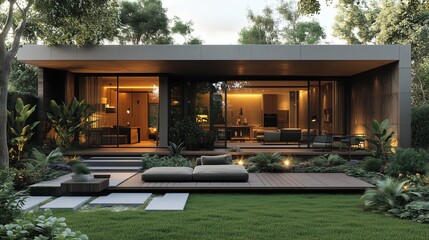 Fototapeta premium Stylish modern outdoor space with bright lighting and comfortable furnishings surrounded by lush greenery. Interior decor virtual background concept.