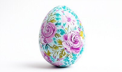 An isolated Easter egg featuring elegant and ornate floral patterns, intricately painted in soft tones that pop against the stark white background. 