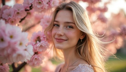 Fototapeta premium Blonde girl with freckles smiles among pink cherry blossoms, enjoying sunlight in springtime garden. Natural beauty portrait, outdoor serenity, joy, aesthetic pleasure with soft focus floral backdrop.