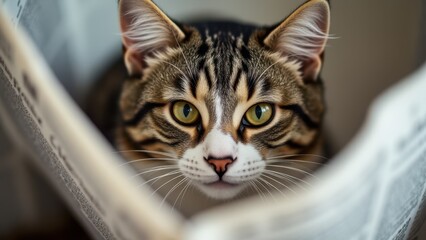 A cat peeks out from behind a newspaper, its green eyes wide and curious.