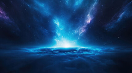 Naklejka premium stunning cosmic scene featuring black hole surrounded by vibrant blue and purple nebulae, with stars twinkling in vast universe