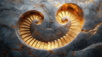 Intricate gold spiral carving in weathered stone.
