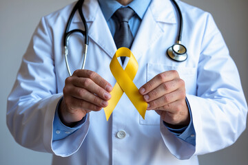 A doctor holds a yellow ribbon in her hand, which symbolizes childhood cancer awareness and support, suicide prevention, and bone cancer