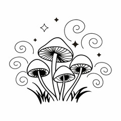 Obraz premium Enchanted Mushrooms with Celestial Swirls — Black Vector Art