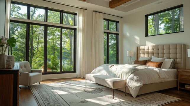 Spacious bedroom featuring large windows that allow bright natural light to fill the room in a serene and inviting atmosphere. Interior decor background concept.