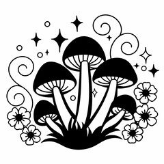 Enchanted Mushrooms with Celestial Swirls — Black Vector Art