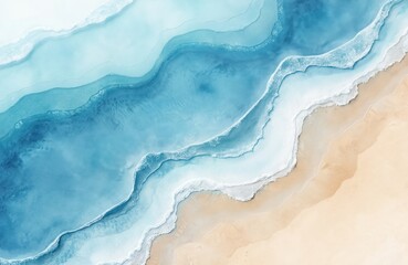 Abstract watercolor painting of blue ocean with gentle waves and sand beach. Fresh, cheerful summer concept. Calming, relaxing positive healthy tones as wallpaper or background.