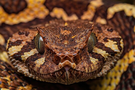 Close-up Portrait of Gaboon Viper Displaying Unique Coloration and Textured Scales